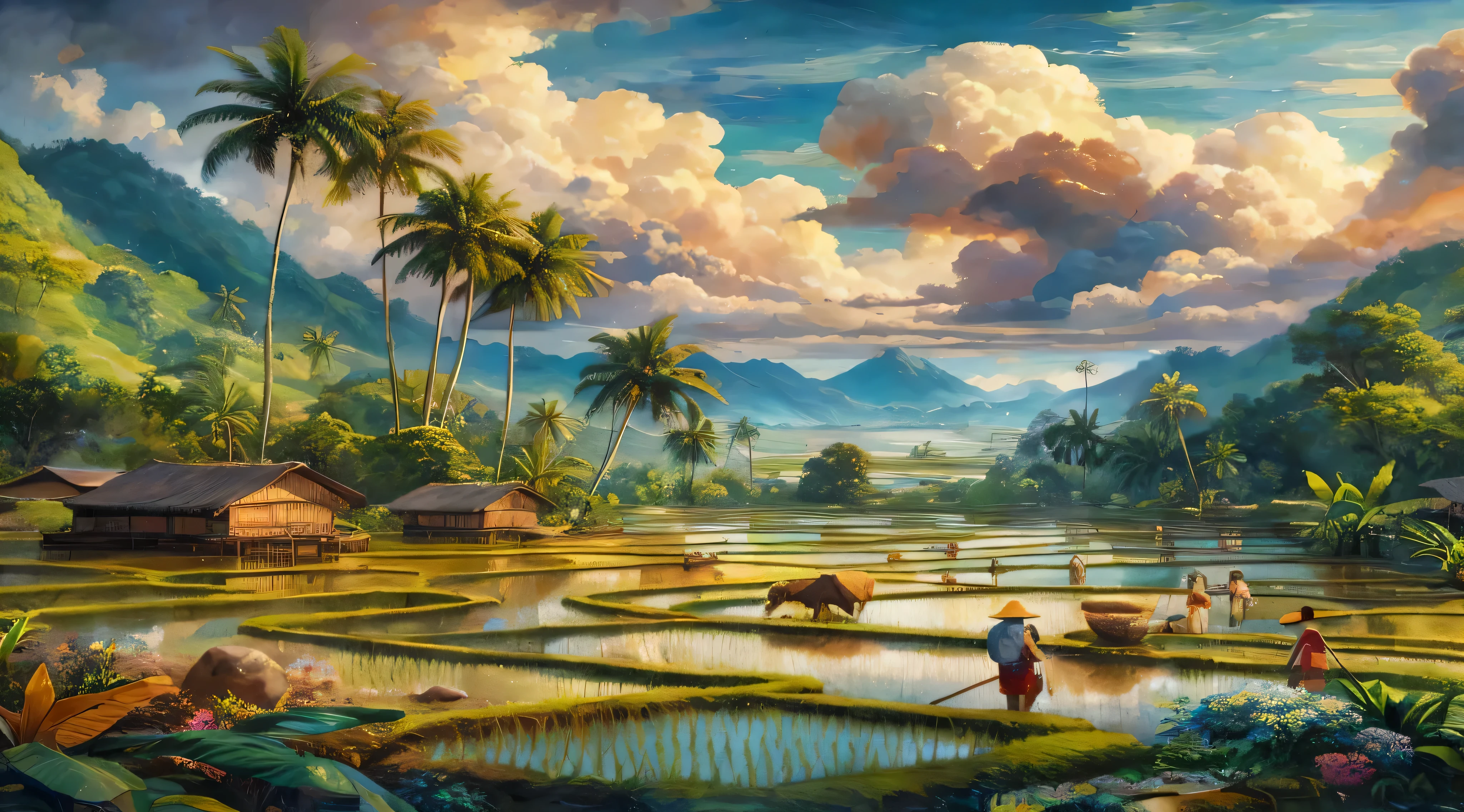 views of rice fields, hills, coconut trees, big trees, houses on the edge of the rice fields, people planting rice, rivers, rocks, majestic clouds, tropical plants and flowers in the foreground, inspired by oil painting, impressionist, wet on wet technique, color old painting