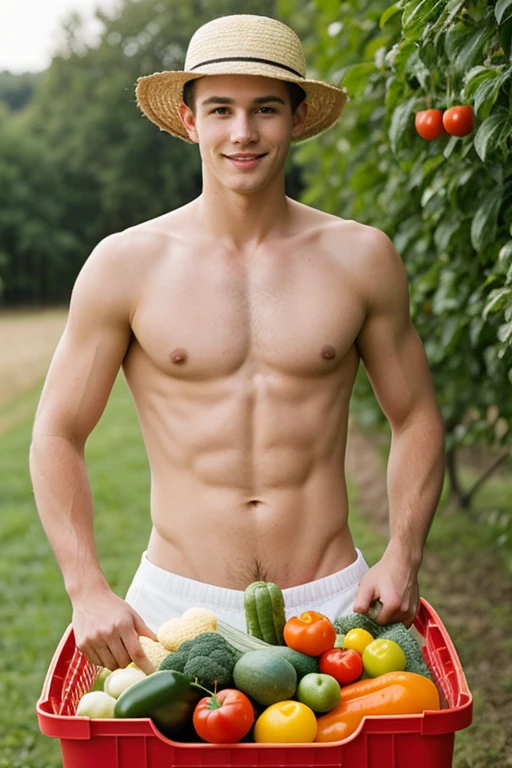 young cute handsome pretty beautiful white face soft skin skinny short hair shirtless naked big penis picking vegetables in a box or basket hat cute butt nice man's butt