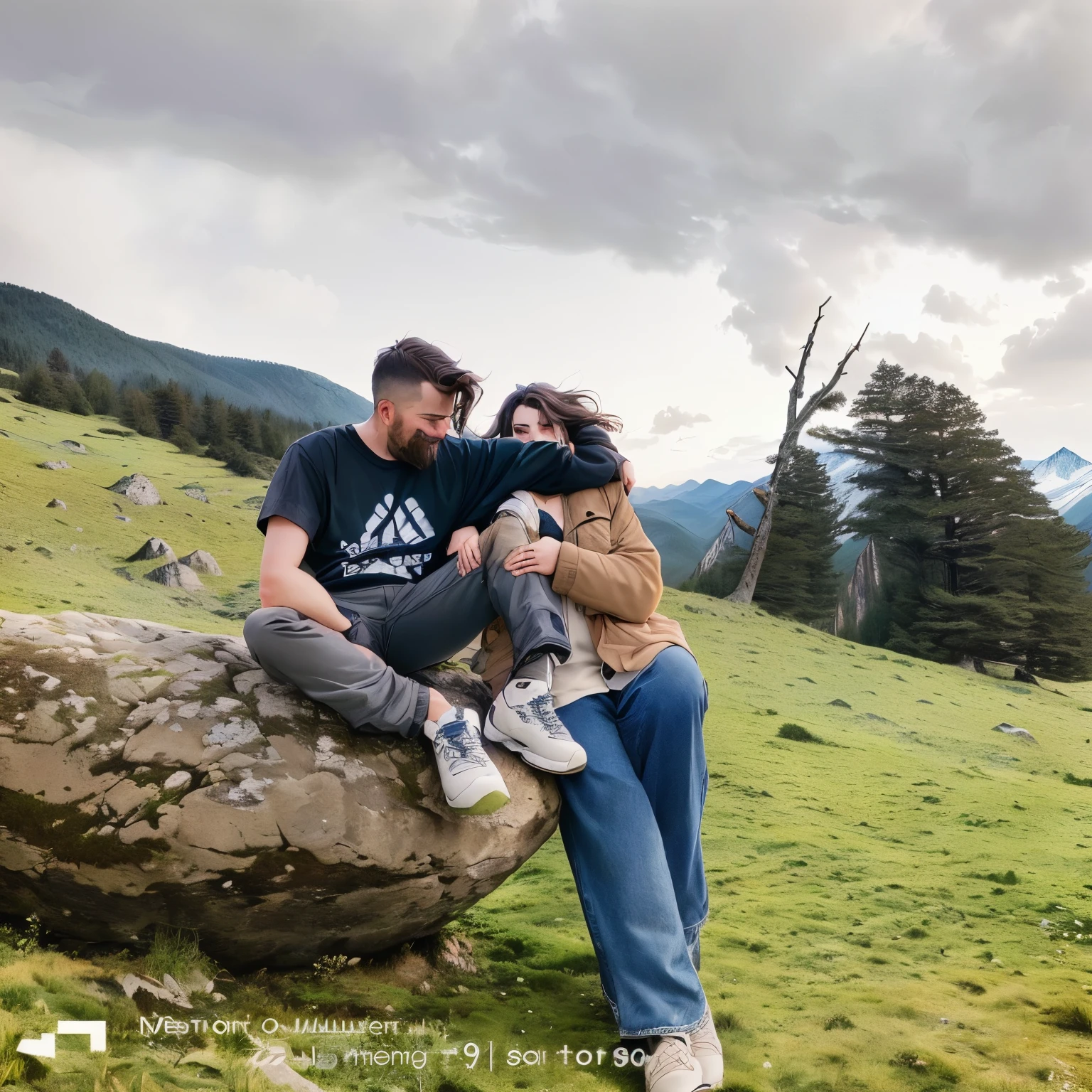there is a man and woman sitting on a rock in a field, in mountains, very very low quality picture, with mountains in the background, couple pose, with mountains in background, lovely couple, taken with sony alpha 9, in the mountains, on a mountain, moutain in background, mountains in the background, with mountains as background, in volcano, 4k post