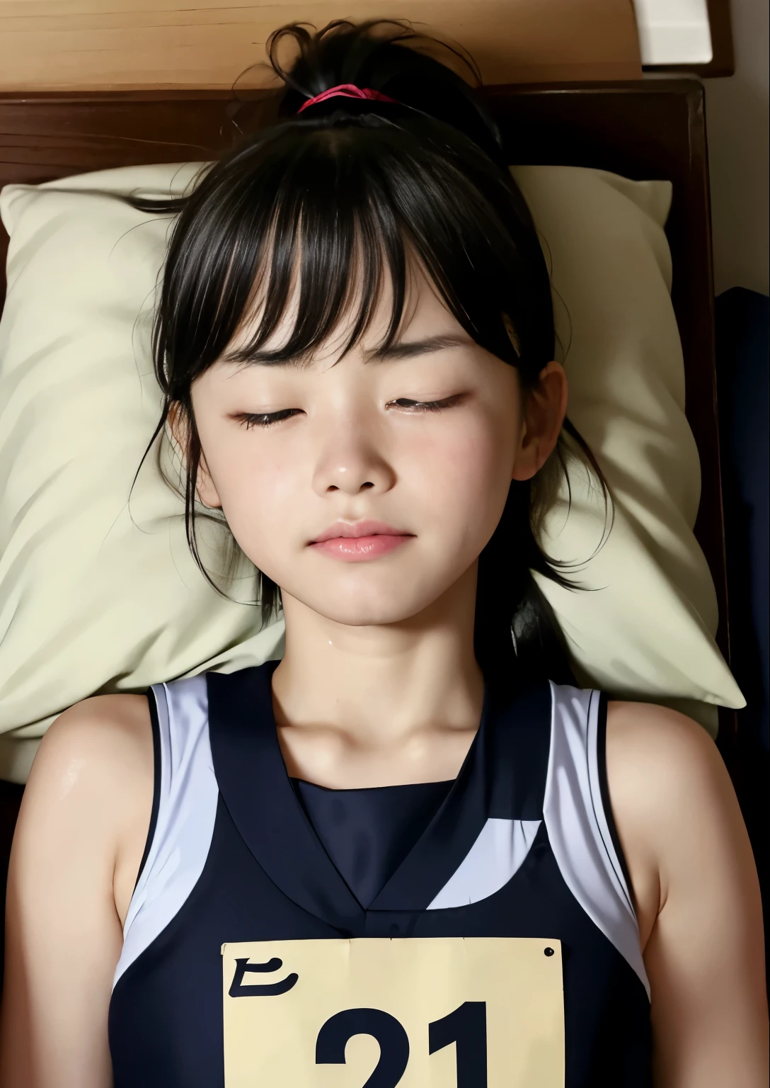 (Highest quality, masterpiece), (Beautiful 11 year old Japanese girl), (freckles:0.6), ponytail, Track and field athlete,Grimacing、((Frowning、Crying face))、Sweaty、close your eyes tight、Blink、((close your eyes、Are sleeping)),