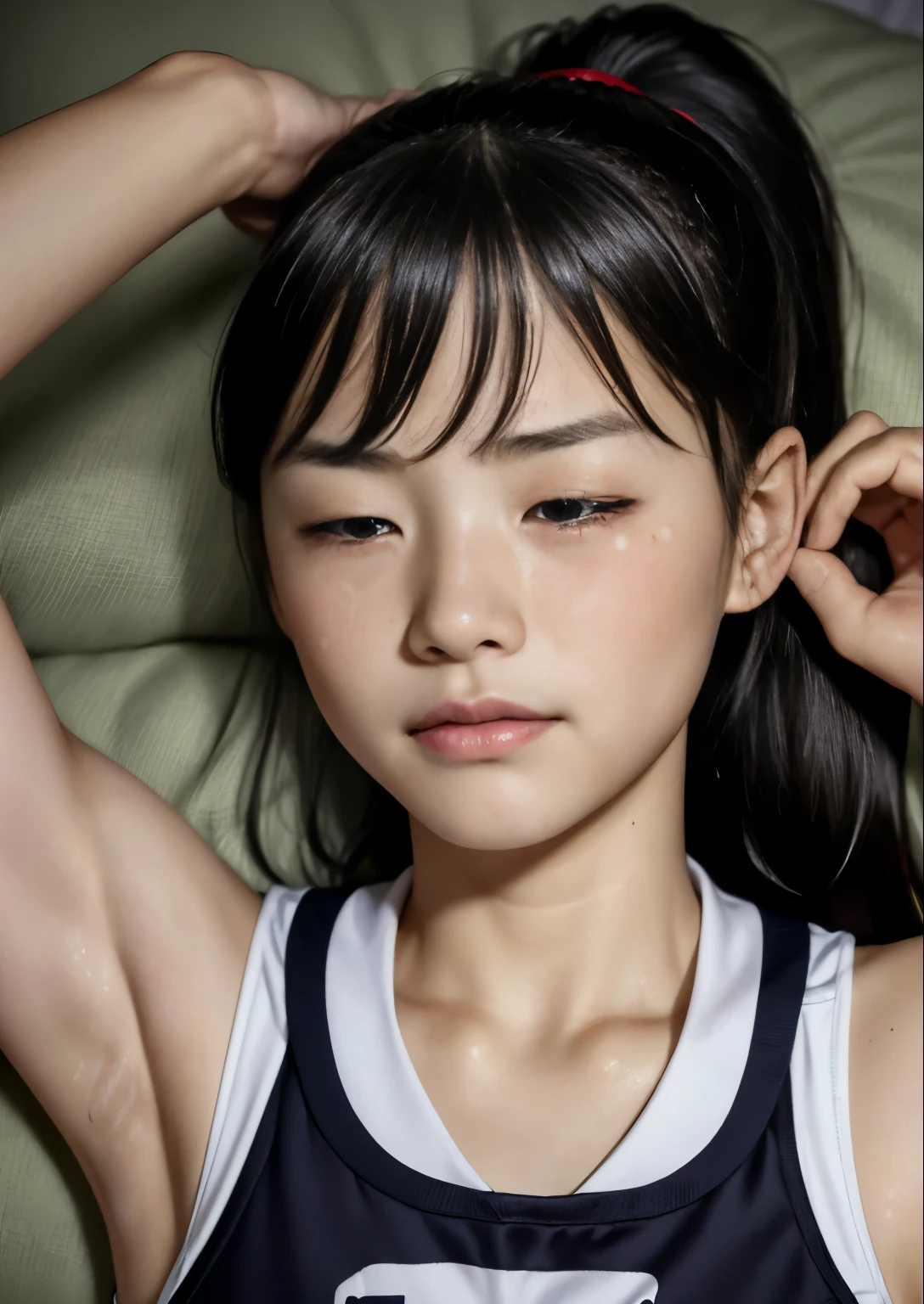 (Highest quality, masterpiece), (Beautiful 11 year old Japanese girl), (freckles:0.6), ponytail,  Track and field athlete,Grimacing、((Frowning、Crying face))、Sweaty、close your eyes tight、Blink、((close your eyes、Are sleeping))