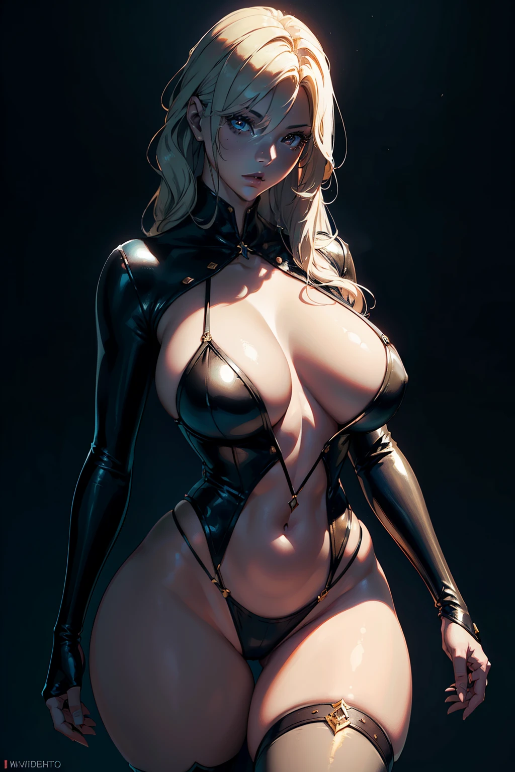 (3/4 body illustration), (Voluptuous model embodying the spirit of a JRPG heroine), (Slim fit body accentuating her curves), (Huge breasts, subtly emphasized for realism), (Best quality rendering in 4K, achievable in 8K, high resolution), (Ultra-detailed and photorealistic: 1.37), (Studio lighting, casting soft shadows and illuminating every detail), (Sharp focus on the model's captivating features), (Physically-based rendering bringing depth and texture to her skin), (Digital art artfully blending reality and fantasy), (Woman with w