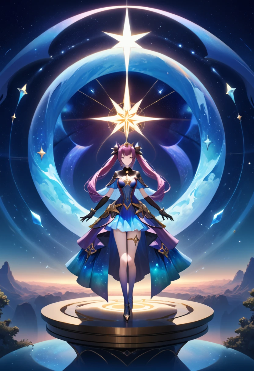 ((best quality:1.8)), ((detailed)), ((masterpiece)), A breathtaking anime-style masterpiece featuring Mona Xipe, an ethereal cosmic being, standing majestically in a surreal, otherworldly setting. Her detailed face is a canvas of tranquil beauty, with closed eyes that speak volumes of her inner wisdom. Her skin is elegantly adorned with glowing constellations, seamlessly merging her form with the vast cosmos. Her long, flowing deep purple hair extends to her feet, stylized in twintails that blend flawlessly with the starlit environment. She is dressed in a magnificent gown that mirrors the night sky, intricately woven with sparkling stars and swirling galaxies. A radiant, pulsating halo of multicolored light crowns her head, casting a mesmerizing glow that shifts through the spectrum of colors, captivating the viewer. Her graceful arms extend, surrounded by floating, luminescent symbols and particles that dance around her hands, enhancing her mystical allure. Mona Xipe's attire is complemented by exquisite astrological accessories that glint against the dark cosmic backdrop. She stands on a nebula-like platform, with galaxies and cosmic dust swirling beneath her, as if she is floating in the vastness of space. The background is a symphony of deep red and blue hues, intertwined with abstract shapes and shadows that amplify the enigmatic and magical ambiance. This captivating portrayal of a celestial entity is a testament to the artist's mastery in blending beauty, mysticism, and cosmic grandeur into a single, awe-inspiring visual narrative.