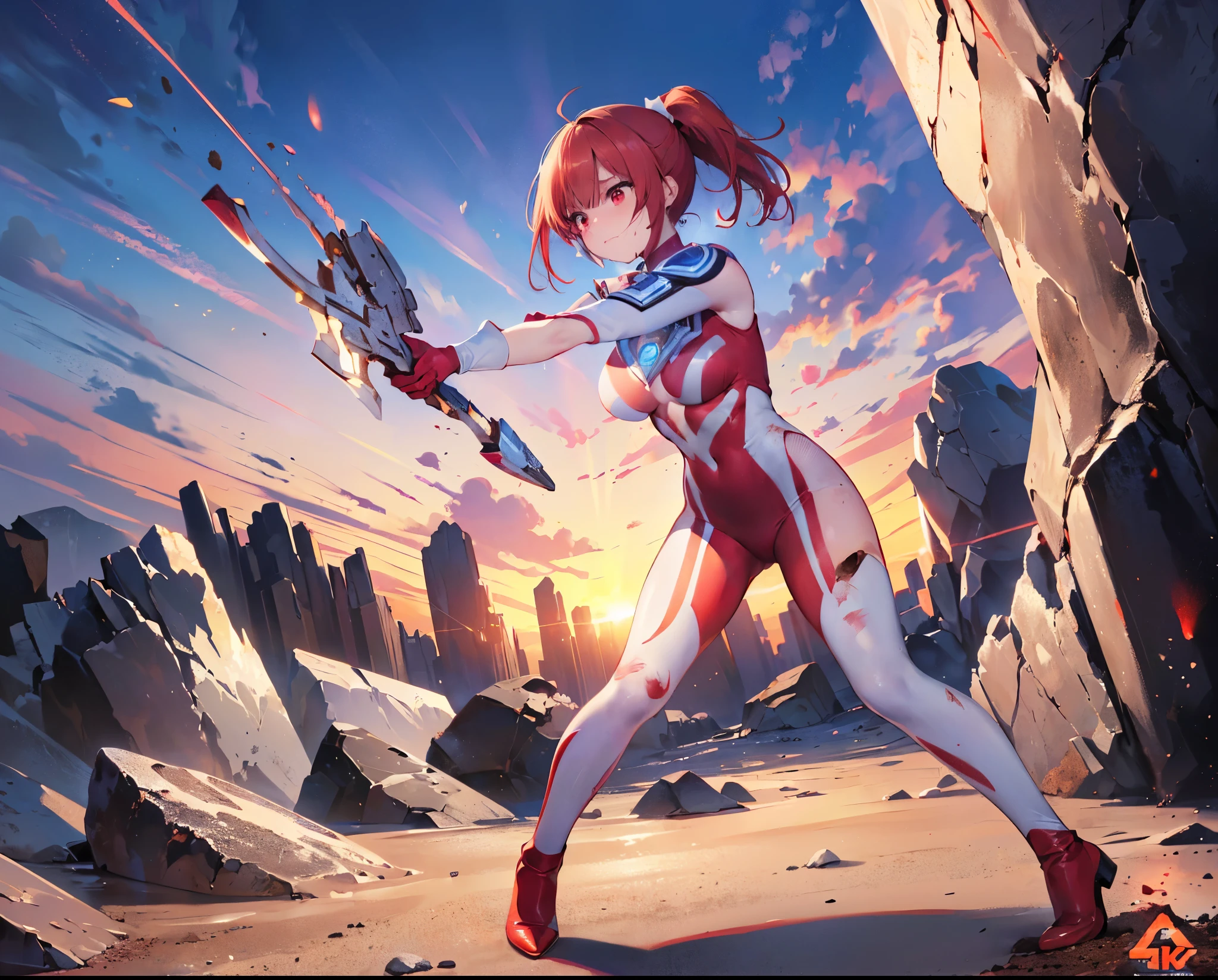 (Close-up:1.3),Realistic,Highest quality, Ultra Detail, High-quality CG rendering, The most delicate and beautiful, Floating softly, High resolution, (1 giant girl), (Highest quality,4K,8k,masterpiece:1.2),(All red hair:1.5), (ponytail:1.5),(Red eyes:1.5), (Ultra Girl:1.0), (All red Ultraman bodysuit:1.4),(Do not expose your skin:1.6),(Slightly larger breasts:1.5),(Red gloves:1.3),(Red Shoes:1.3),(whole body:1.3),(Are standing:1.3),(Plain surrounded by rocks:1.3),(Brown sandy ground:1.3),(Fighting Pose:1.3),(sweating:1.3),(Wounded:1.3),(Brown mud stains:1.3),(front:1.4)