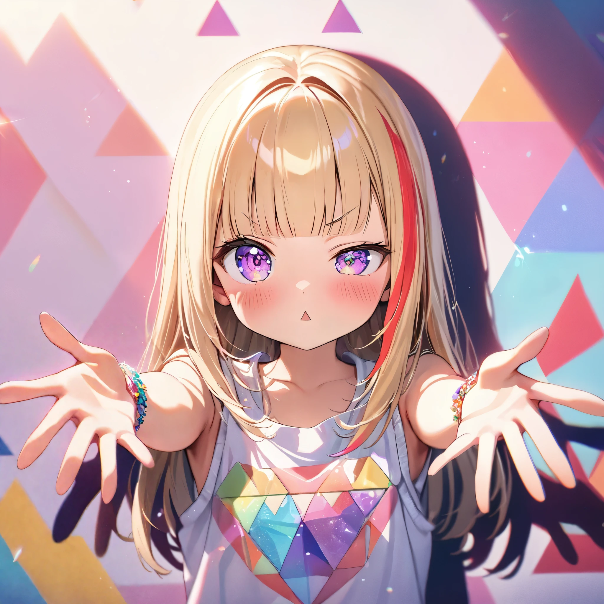 ((Masterpiece)), ((best quality)), (super detail:1.2), (High Definition:1.3), ((extremely detailed)), (8K), (Professional Photography:1.2), (very aesthetic:1.2), (absurdres:1.2), (sharp focus), (perfect light), (drop shadow), (()), cute young Girl, Glossy straight hair, (loose blunt bangs), blonde hair with red, ((red streaked hair)), highlights hair, ((face with raised eyebrow)), (glitter eyes), long hair, big eyes, colorful eyes, (Beautiful amethyst eyes), blush, ((triangle mouth)), cute cheeks, glossy lips, pouty lips, BREAK, ((best quality)), (Oversized loose Knit fabric tank top), (bare arms), Fine gemstone bracelet, ((reaching out arms)), (colorful), cute makeup, ((against the Pastel Old wall)), cute, (Beautiful Rose Art Wall),