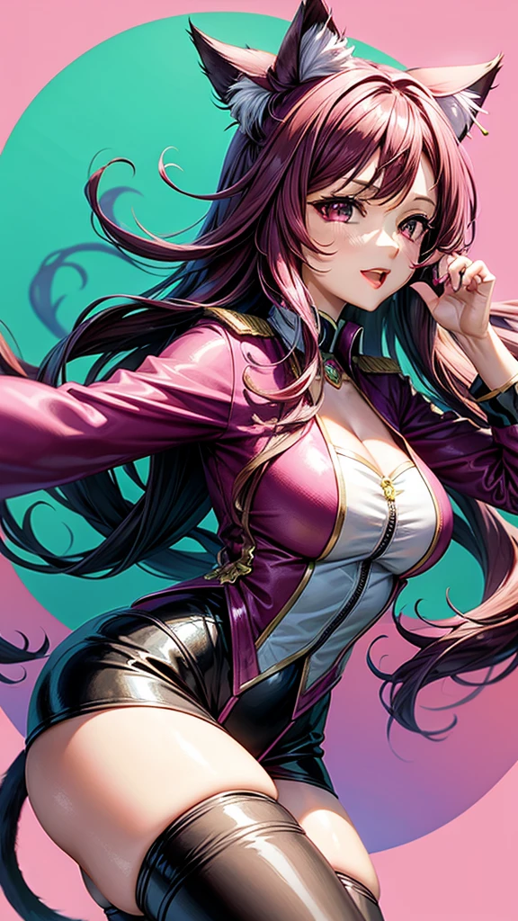Magenta hair, brown eyes, older woman, long thick hair, hair ornaments, happy, cat ears, sexy uniform outfit, pink and green backgrounds, pose, abstract background, fantasy outfits