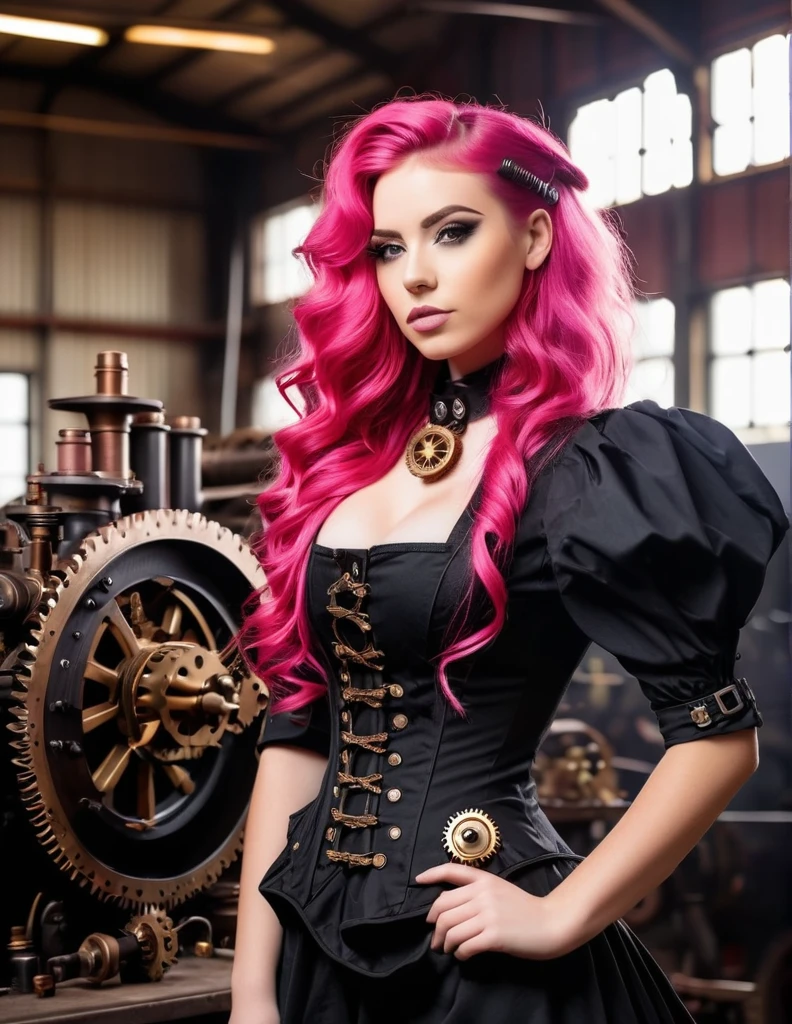 Very attractive 25 year old caucasian female with long wavy bright pink hair, A woman in a black steampunk outfit, standing in a mechanical workshop with gears and steam engines.
