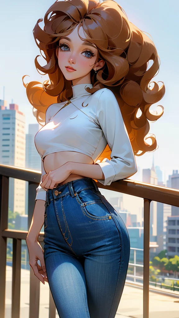 Solo, Masterpiece, curly Hair, Hazel eyes, 1girl, Long Hair, Celine dion, beautiful, 24 years old, blue Jean pants and white exotic top, Best Quality, High Details, Retina, perfect hands, perfect legs, High Resolution, background urban landscape