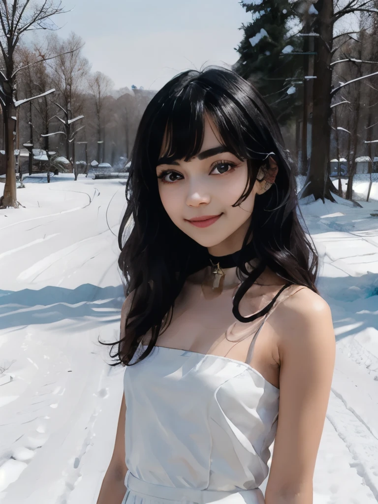 Miyumrkw, red eyes, long black hair, choker, hands around her arms, legs cross, white gown, looking at viewer, smiling, close up portrait, outside, park, trees, winter, snow, blue sky, high quality, masterpiece, 