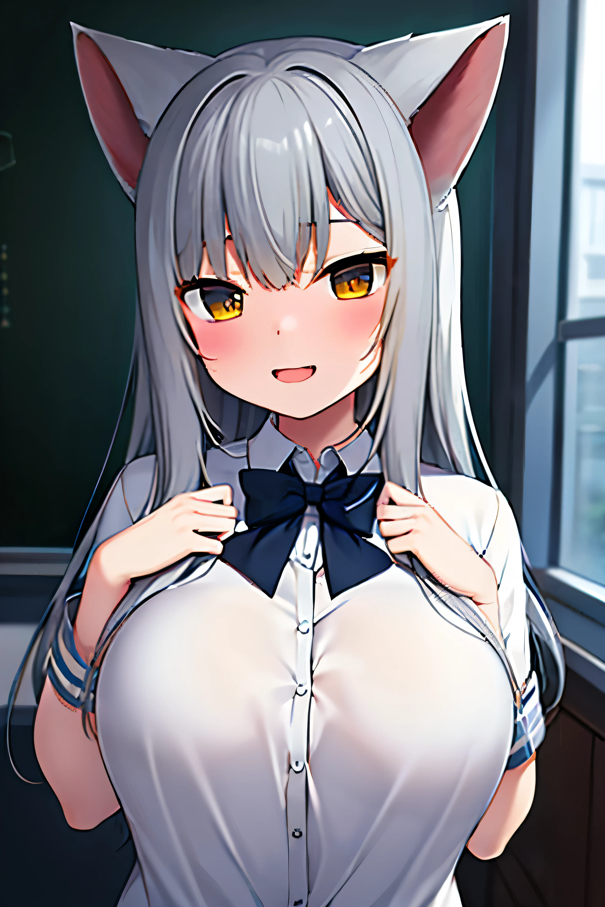 （masterpiece：1.2，high quality），4K，High resolution，cute girl, white hair，short hair，crossed bangs，red eyes，slit pupils， ahoge，cat ears, white cat tail, laughing, skin fang，primary school student, on knees, puffy nipples, (large breasts) school uniform, shirt above chest, (pregnant:0.9), on all fours, hanging breasts, (lactating:0.7) , bouncing breasts, raised behind, 