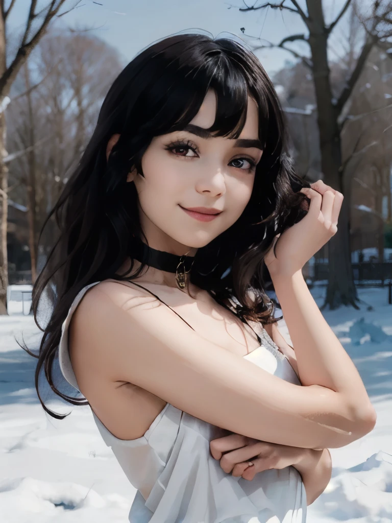 Miyumrkw, red eyes, long black hair, choker, hands around her arms, legs cross, white gown, looking at viewer, smiling, close up portrait, outside, park, trees, winter, snow, blue sky, high quality, masterpiece, 