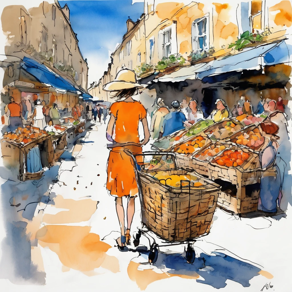 Quentin Blake Style, girl shopping at the morning market, top quality, masterpiece, skip, fun, basket in hand, orange t-shirt, skirt, stalls on the side, cobblestones, blue sky,