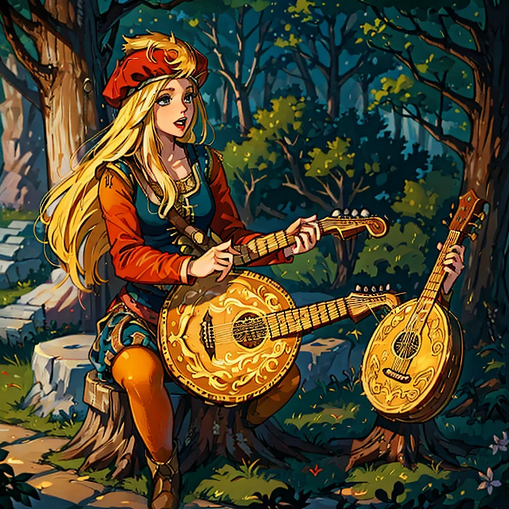 the essence of a beautiful female bard with meticulous attention to detail, this scene portrays a solo enchantress with cascading long hair, an open mouth singing tales of old. Her blonde hair shimmers beneath a charming red hat as she sits gracefully upon a rustic tree stump, fingers gracefully strumming a lute, weaving melodies that stir the soul