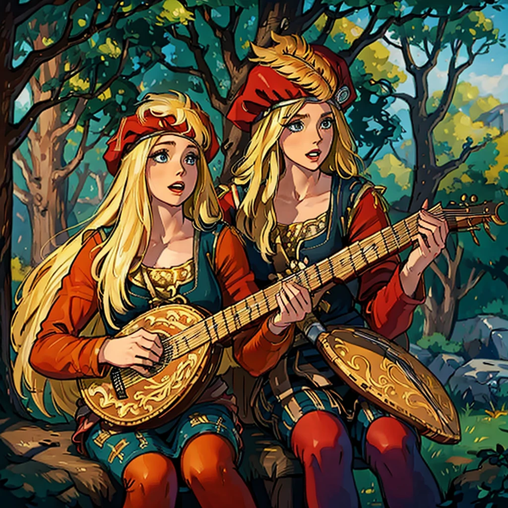 the essence of a beautiful female bard with meticulous attention to detail, this scene portrays a solo enchantress with cascading long hair, an open mouth singing tales of old. Her blonde hair shimmers beneath a charming red hat as she sits gracefully upon a rustic tree stump, fingers gracefully strumming a lute, weaving melodies that stir the soul