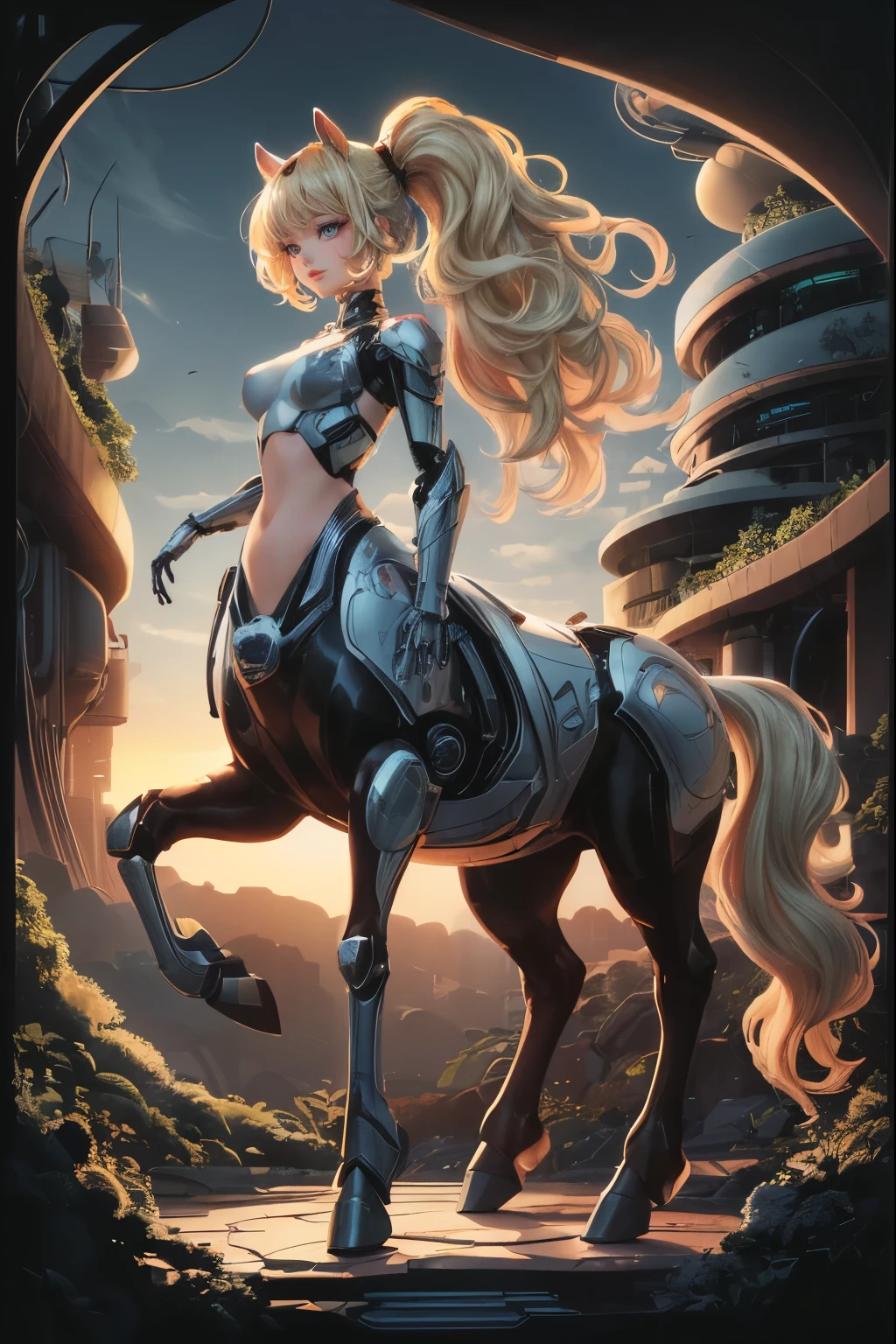 A captivating illustration of a centaur, featuring a stunning blonde female character with a harmonious blend of organic and robotic elements. Her upper body is human, adorned with a sleek, metallic armor, while her lower body is that of a majestic horse. Her flowing hair cascades down her back, merging seamlessly with the mechanical design. The futuristic landscape behind her is a blend of cityscape and nature, with buildings that incorporate organic shapes and greenery. The setting sun casts a warm, golden glow on the scene, highlighting the metallic limbs and the contrast between the organic and mechanical aspects of the character. This striking image is a perfect blend of anime and futuristic sci-fi elements., anime, illustration