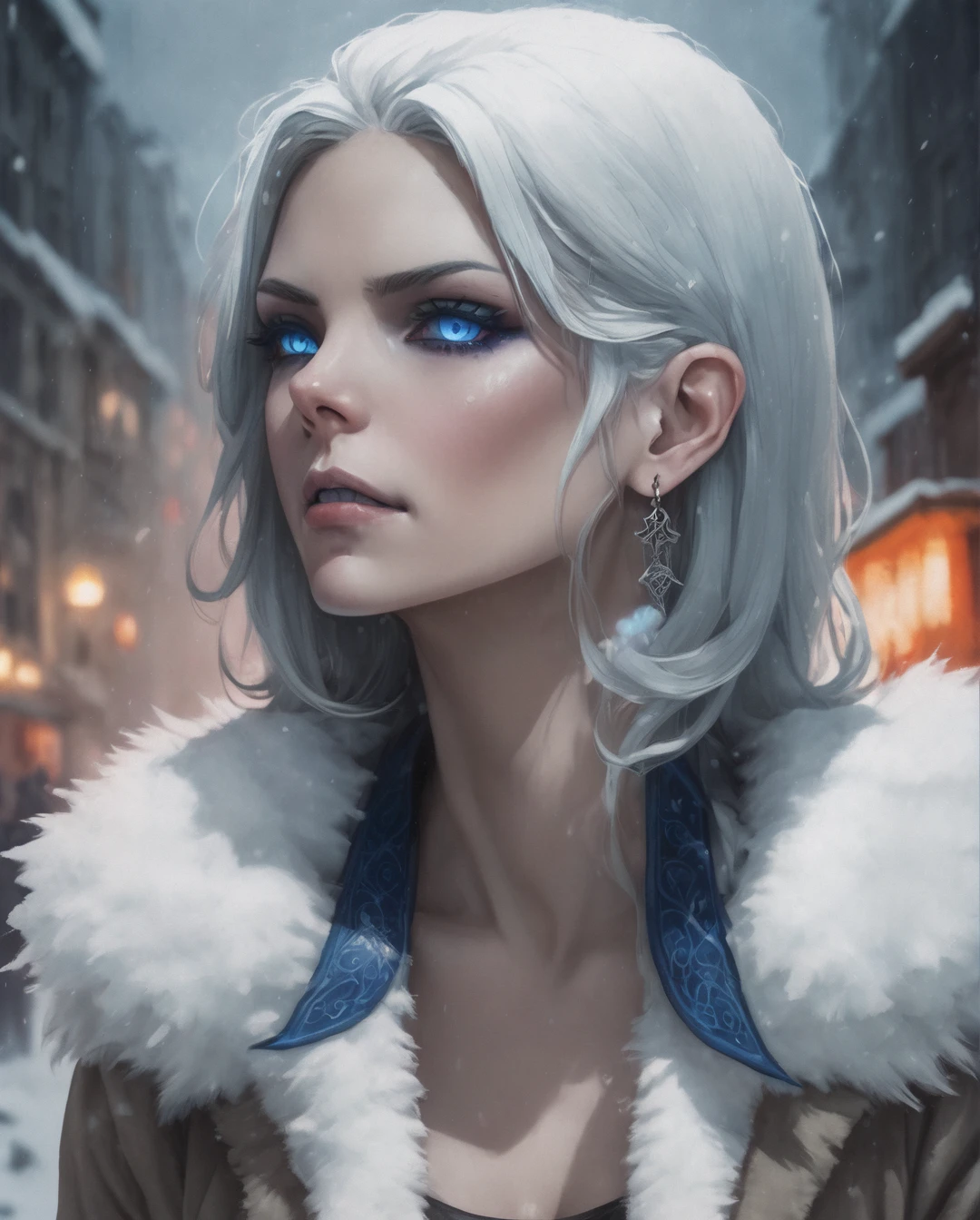VtmArt, pintando close-up de um (Vampiro:0.4) Ultra-wide angle shot of a Vibrant, detailed anime-style illustration featuring a female character with elf-like attributes. She has long, flowing blackish white hair and elf ears, with striking deep blue color eyes (light particles). Her skin is a light and she has intricate white colored tattoos on her arms. She is wearing a beige colored eskimo (deep neck) long coat, along with white colored earrings. angle from front. The background is a picturesque snow castle with white snow on its top, and natural light filtering, creating a cool and intense snowy atmosphere., (Obra de arte:1.3), at night, cinematic lighting, intrinsecamente detalhado, alta qualidade, dramatic atmosphere