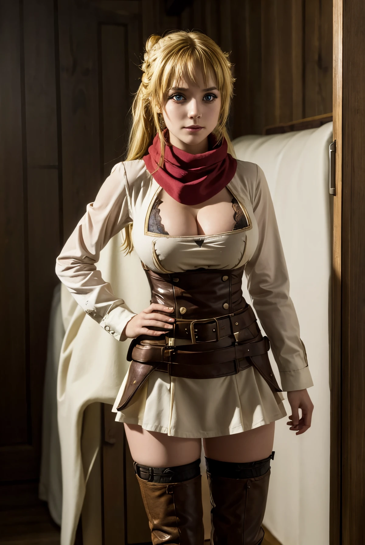 banishedrit, rit, long hair, blonde hair, aqua eyes, rit, braid, hair bun, french braid, smile,
BREAK skirt, thighhighs, long sleeves, cleavage, boots, brown thighhighs, long sleeves, underwear, belt, scarf, clothing cutout, cleavage cutout, red scarf,
BREAK outdoors,
BREAK looking at viewer, (cowboy shot:1.5),
BREAK (masterpiece:1.2), best quality, high resolution, unity 8k wallpaper, (illustration:0.8), (beautiful detailed eyes:1.6), extremely detailed face, perfect lighting, extremely detailed CG, (perfect hands, perfect anatomy),