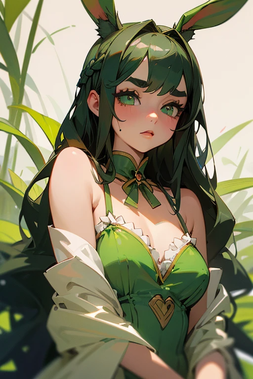 (Highest quality, masterpiece:1.2), High resolution, Very detailed, Realistic:1.37, ((Bunny girl)).Fantasy, An illustration, Green Eyes、Queen, Platinum decoration、beautifully、Eyeshadow Red、Thick eyebrows、Long eyelashes、pupils are black、Her hair is light green、Embarrassing、people々々々々々々Loved by、Shoulder Bare、Surprised face、Braiding、(Swimwear).