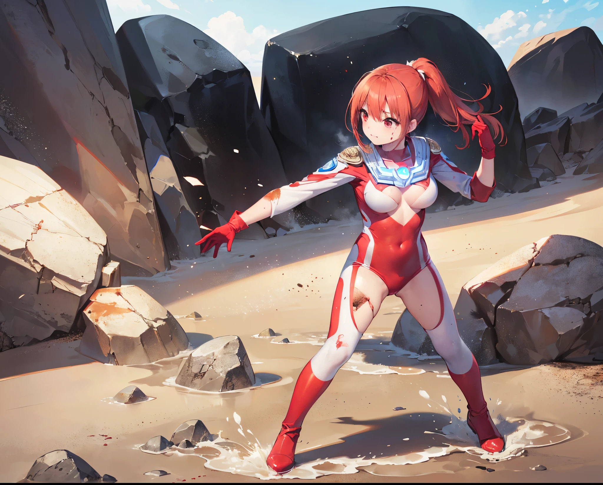 (Close-up:1.3),Realistic,Highest quality, Ultra Detail, High-quality CG rendering, The most delicate and beautiful, Floating softly, High resolution, (1 giant girl), (Highest quality,4K,8k,masterpiece:1.2),(All red hair:1.5), (ponytail:1.5),(Red eyes:1.5), (Ultra Girl:1.0), (All red Ultraman bodysuit:1.4),(Do not expose your skin:1.6),(Slightly larger breasts:1.5),(Red gloves:1.3),(Red Shoes:1.3),(whole body:1.3),(Are standing:1.3),(Plain surrounded by rocks:1.3),(Brown sandy ground:1.3),(Fighting Pose:1.3),(sweating:1.3),(Wounded:1.3),(Brown mud stains:1.3),(front:1.4)