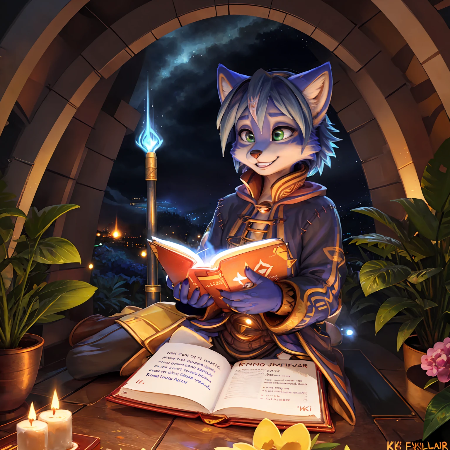 A beautiful and detailed (sweet picture) wa ((krystal)), Star Fox Krystal, sslim, lovable, green eyes, medium breasts, (((Long blue hair 1.3))),  ((black hair tips)), Decollete, grin, look up,, anthro, furry, Uploaded E621, detailed fluffy fur, (wa Fluff-Kevlar, Bayard Wu, personalize me, Pino Daeni), detailed face, (fluffy), 1 girl, alone, sweet girl, alone, mage, gown, Hose, gloves, feminine, holds a magic book in his hand