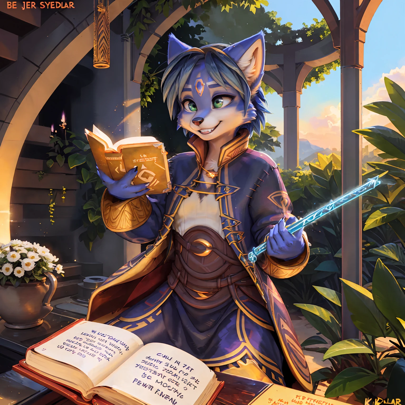 A beautiful and detailed (sweet picture) wa ((krystal)), Star Fox Krystal, sslim, lovable, green eyes, medium breasts, (((Long blue hair 1.3))), ((black hair tips)), Decollete, grin, look up,, anthro, furry, Uploaded E621, detailed fluffy fur, (wa Fluff-Kevlar, Bayard Wu, personalize me, Pino Daeni), detailed face, (fluffy), 1 girl, alone, sweet girl, alone, mage, gown, Hose, gloves, feminine, holds a magic book in his hand