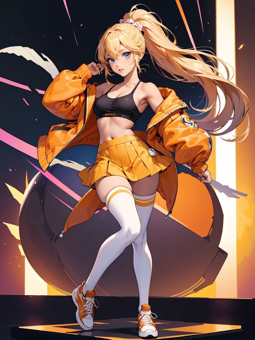 1masterpiece, high resolution 4k, high detalied,  1girl, 25 years old, fullbody, standing, legs apart, (gyaru girl), [ganguro girl], shiny skin, [dark skined female], (tanned skin), long blonde hair, hime cut, bangs, (hair up), huge breasts, big eyes, ligth blue eyes, hip bones, collarbones, orange jacket, open jacket, poet long sleeves, puffy sleves,(sports bra only), pencil mini skirt, (high waist skirt), high top sneakers, plataform sneakers, (orange thighhighs), [red thighhighs], nails, purple nail polish, anime style, inspired by genshin impact. 