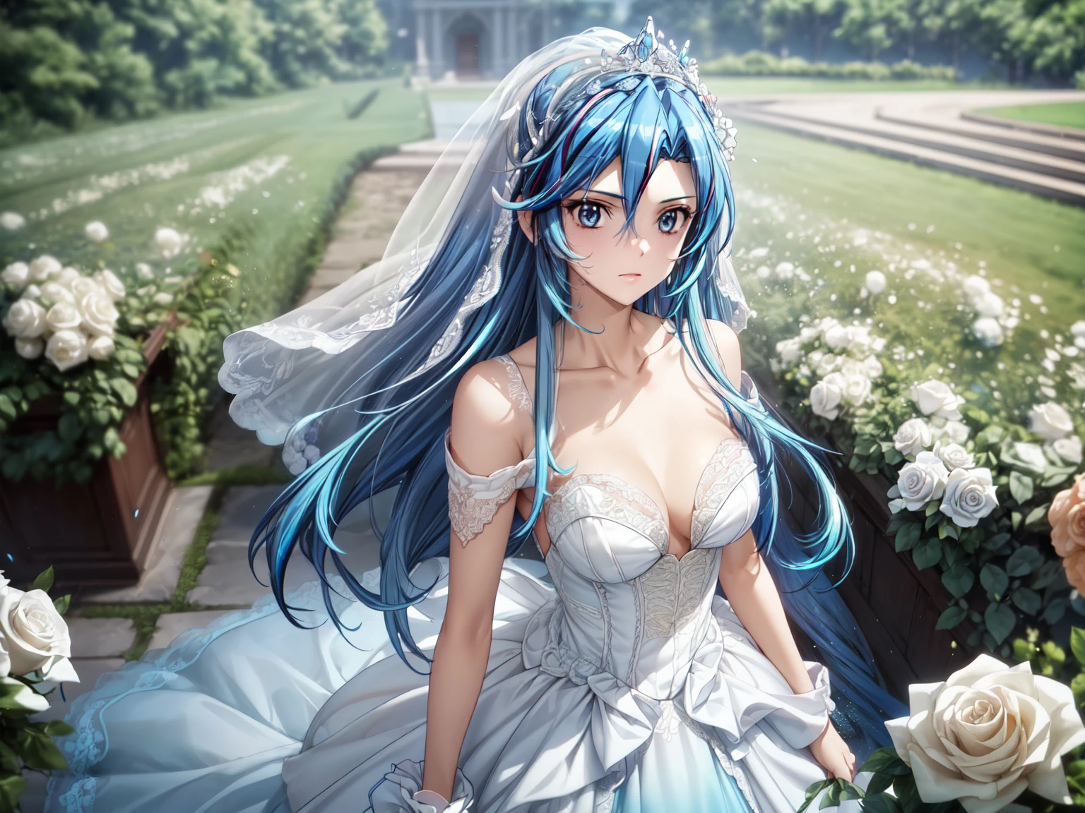 (masterpiece, best quality, beautiful and aesthetic:1.3), 1woman, solo, matured woman, (bright blue hair streaked skyblue:1.4), (Gradient blue hair ends:1.6), hair strand, absurdly long hair, single sidelock, wavy hair, shiny hair, floating hair, (deep blue eyes), delicate eyes, aqua eyes, super high detailed eyes, long upper eyelashes, makeup, Focus on face, Very detailed facial, Perfect breasts, hot body, (Delicate skin texture:1.2), bridal veil, lace-trimmed dress, see-through, wedding dress, outdoors, white roses, garden, morning, standing, extreme detailed, (A little embarrassing)