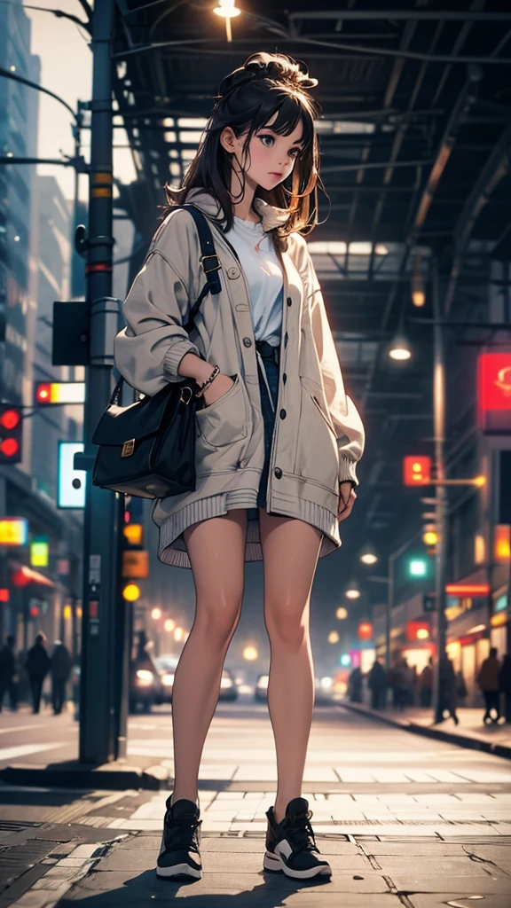 A young woman standing on the street, blur the background, comely, photorrealistic