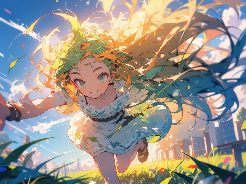 green pastures, detailed sky, clear sky, horizon clouds, detailed ground, girl, portrait , beautiful eyes, smiling, young woman, simple outfit , white two-strap dress ,running with arms outstretched on the grassland, side view from above, golden afternoon sunlight, lens flash , noise particles effect, strong wind , leaves blowing in the wind , shaking the grass