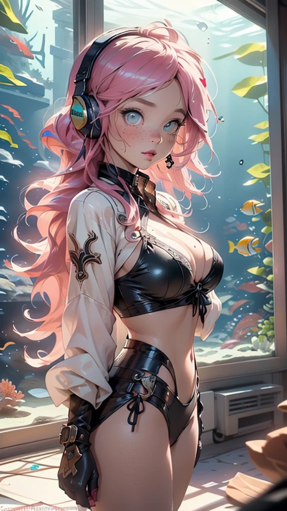 steampunk girl,(((1girl))),((girl with bubblegum pink hair and freckles,extremely cute and gorgeous)),
(large breasts:1.4),saggy breasts,(((bubblegum pink hair:1.35,straight hair,long hair:1.4,colored inner hair,ear breathing))),((heterochromia:1.5, (pink_eye and aqua_eye))),(((freckles on the face,freckles,freckled girl))),((fat)),(((lustrous skin:1.5,bright skin: 1.5,skin tanned,shiny skin,very shiny skin,shiny body,plastic glitter skin,exaggerated shiny skin,illuminated skin))),(spider lower abdomen,narrow waist,wide hip,athletic body,inflated legs, thick thighs,detailed body,(detailed face)),
cute,slutty,seductive,erotic,((nsfw)),
zettai ryouiki,((two-piece swimsuit magenta,wearing a bikini outfit:1.3,steampunk bikini)),(steampunk headphones:1.5,steampunk cyber gloves:1.5,huge steampunk mech-gloves),((wet clothes,intricate outfit,intricate clothes,intricate swimsuit, intricate bikini)),
(dynamic pose:1.0),embarrassed,(centered,scale to fit dimensions,Rule of thirds),
((factory with solar panels, glass domes, white rooms and glass roofs showing that they are under the ocean)),scenery:1.25,((intricate scenery)),((((Aquarium in the background)))),
(Glossy steampunk ornaments),highres,sharp focus,(ultra detailed,extremely detailed),(photorealistic artwork:1.37),(extremely detailed CG unity 8k wallpaper),(((vibrant colors,vibrant theme))),(intricate),(masterpiece),(best quality),artistic photography,(photography taken by sldr),(intricate background),perfect rendered face,perfect face details,realistic face,photo realistic,((intricate detail)),(((realism))),