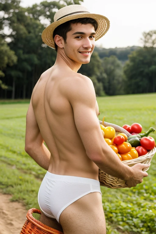 young cute handsome pretty beautiful face white soft skin skinny short hair naked big penis picking vegetables in a box or basket hat cute butt cute man's butt