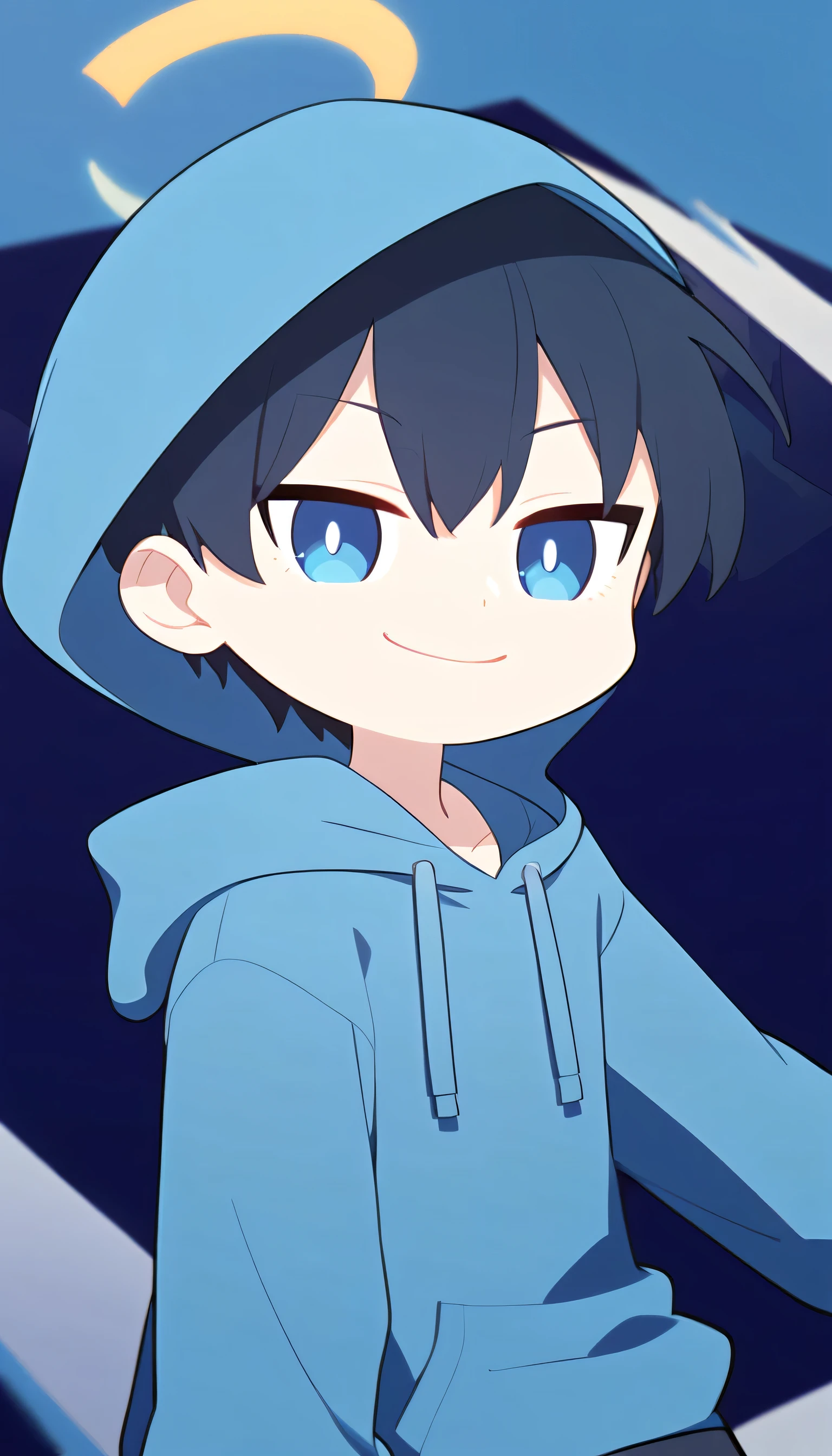 Create an anime style illustration. The character is in a chibi style. The character is a young man with short black hair and blue eyes. He is wearing a blue hoodie with a hood. The character has a slightly mischievous expression. He is smiling with one corner of his mouth turned up. The background is a simple light blue color.　whole body