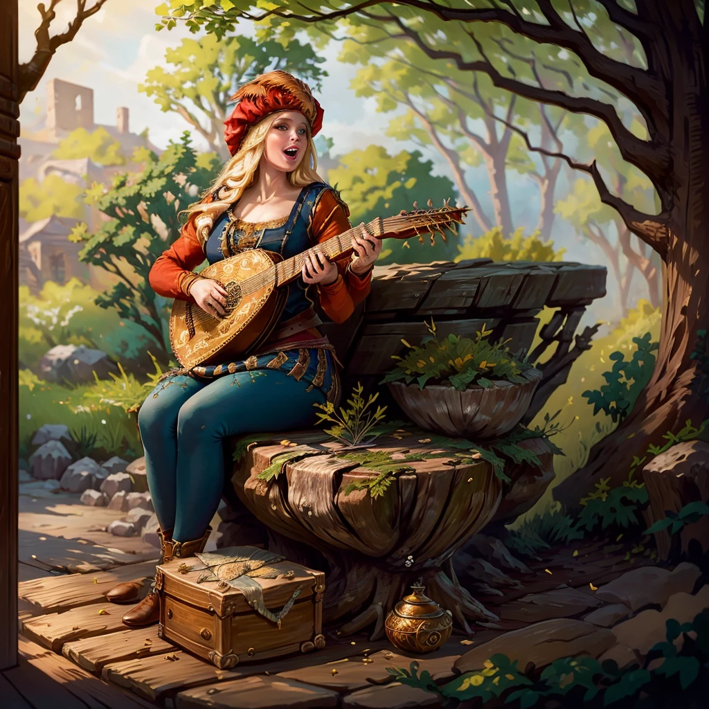 the essence of a beautiful female bard with meticulous attention to detail, this scene portrays a solo enchantress with cascading long hair, an open mouth singing tales of old. Her blonde hair shimmers beneath a charming red hat as she sits gracefully upon a rustic tree stump, fingers gracefully strumming a lute, weaving melodies that stir the soul