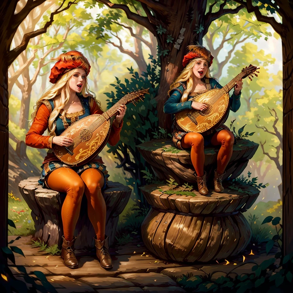 the essence of a beautiful female bard with meticulous attention to detail, this scene portrays a solo enchantress with cascading long hair, an open mouth singing tales of old. Her blonde hair shimmers beneath a charming red hat as she sits gracefully upon a rustic tree stump, fingers gracefully strumming a lute, weaving melodies that stir the soul