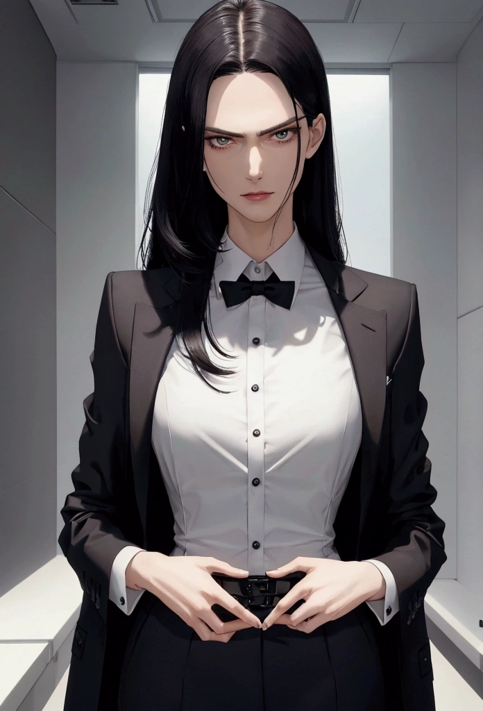 a tall, thin man with long black hair, slightly feminine features, extremely well-groomed appearance, delicate features, wearing a suit, office setting, 1man, hyper-realistic, 8k, extremely detailed, photorealistic, striking pose, serious expression, natural lighting, dramatic, cinematic, high-quality render, sharp focus, intricate details, clean lines, elegant, refined
