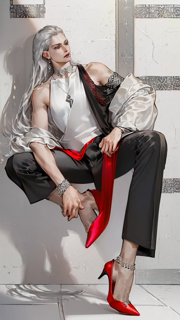 (((Boy wearing red high heels))
Super Tilt Angle、far and near method、masterpiece、Ultra-high resolution、Precisely、Detailed、beautiful、Silver long hair、Earrings、Androgynous male、Tattoo on arm、
A boy model who looks good in high heels、Black clothes、Black trousers、necklace、choker、anklet、Toenail manicure、Runway、Pause