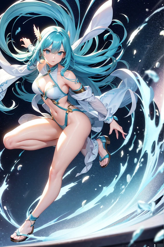 4K anime style quality, digital drawing mode, Libra-themed anime female character, medium-length teal hair with feather highlights, serene blue eyes, wearing an outfit with scales and balance motifs, holding a scale and sword, Blur the background to create a three-dimensional effect, atmosphere, standing in a celestial courtroom, radiant skin, flowing hair, glossy lips, balanced eyes, full body, dynamic pose, life size, perfect anatomy, detailed skin texture, full HD, 4K, HDR, perfect anatomy, depth of field.