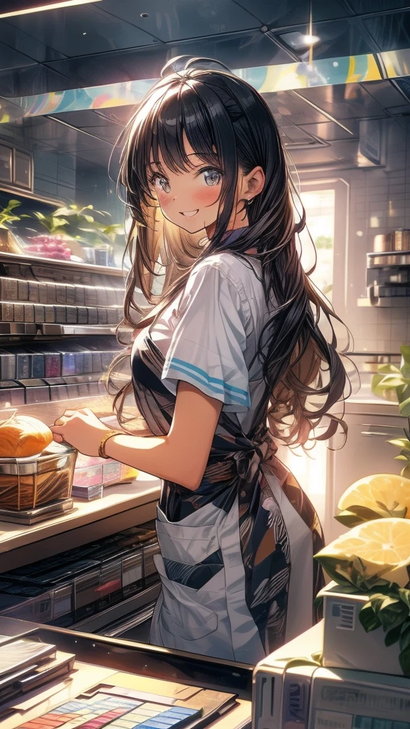 young woman,Facing forward,smile,((Standing inside the cash register)),Touching the cash register machine,Customer Service,((There is a cash register on the table)),(Scanning product barcodes at the cash register)),Supermarket clerk,Wearing an apron,((Working as a cashier)),((Cashier)),((cashier,register,)),((Receive money from customers)),There are products on the shelves,In the supermarket,Bright interior