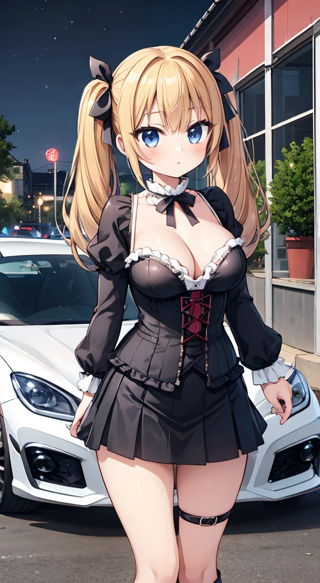 masterpiece, Highest quality, (anime screencap:1.3),(shape), cute,(Simple:1), (anime:1.2),Solo Sharp Focus, 1 Girl, Cleavage,night,((car,TOYOTA GR86 ZN8 animestyle1.3))(Starlight,Starry Sky 1.1),blonde,((mini skirt)), Twin tails,summer ,((Black Gothic Costume)),Red ribbon,Gothic,,Black ta Fashion,Gothic Bonnet,Hair Ribbon,Cowboy Shot,Daytime,,,Large Breasts,,(Absolute region 1.1),(Braided Boots 1.1),Browsing Caution,