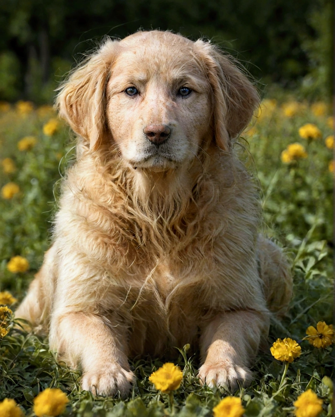 a cute golden retriever puppy, beautiful detailed eyes,beautiful detailed nose,beautiful detailed mouth,extremely detailed fur and face,longeyelashes,sitting in a field of flowers, natural lighting, 8k, high quality, detailed, realistic, photorealistic, studio lighting, professional, vivid colors, golden hour lighting