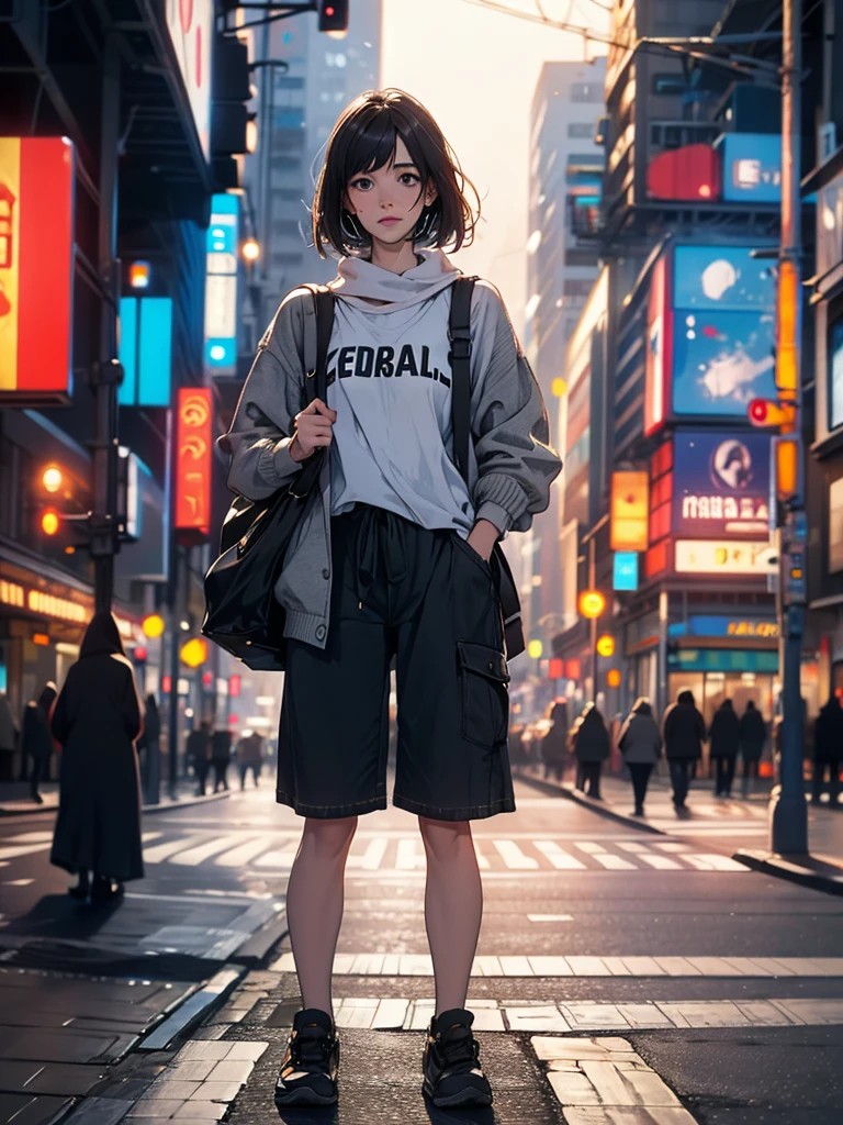 A young woman standing on the street, blur the background, comely, photorrealistic