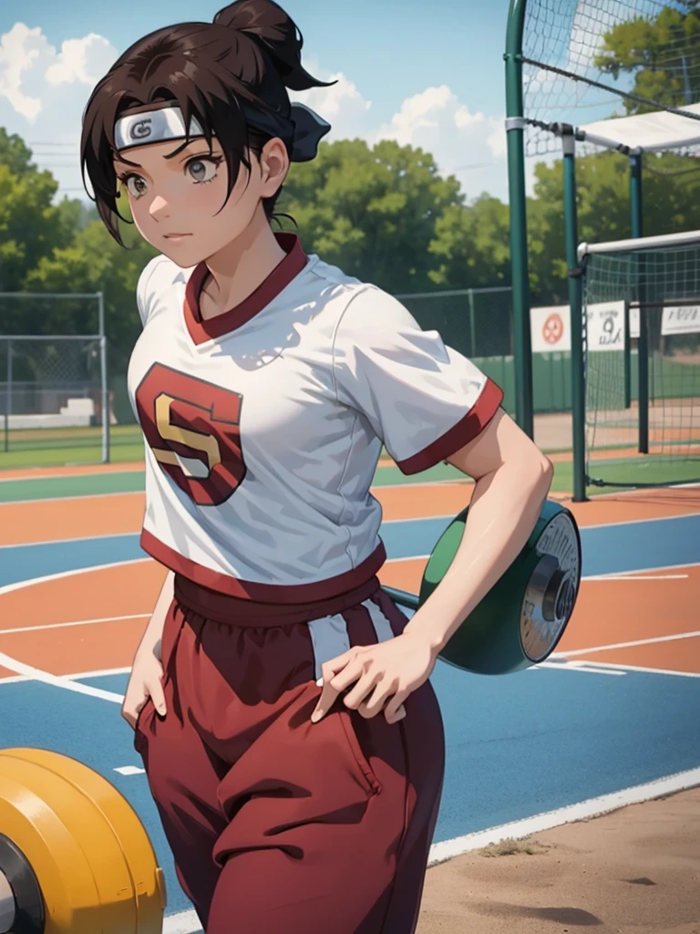 (Tenten), 1girl, as an athlete, wearing a sports t-shirt and pants, at a playground, 8k, high detailed, high quality