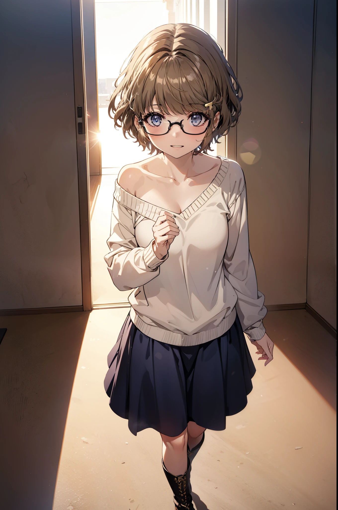 tomoekoga, Chie Koga, short hair, Brown Hair, blue eyes, Hair Clip,smile,One-shoulder sweater,Long skirt,short boots,Black-rimmed glasses,Walking,morning,morning陽,The sun is rising,whole bodyがイラストに入るように,
break indoors, Building district,
break looking at viewer, whole body,
break (masterpiece:1.2), Highest quality, High resolution, unity 8k wallpaper, (figure:0.8), (Beautiful attention to detail:1.6), Highly detailed face, Perfect lighting, Highly detailed CG, (Perfect hands, Perfect Anatomy),