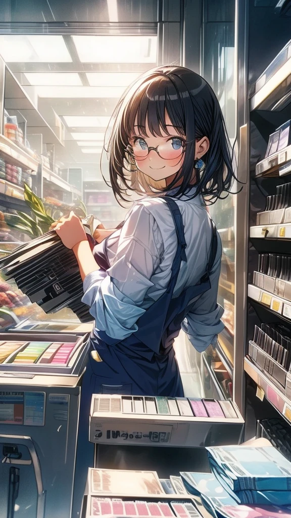 young woman,Facing forward,smile,((Standing inside the cash register)),Touching the cash register machine,Customer Service,((There is a cash register on the table)),(Scanning product barcodes at the cash register)),Supermarket clerk,Wearing an apron,((Working as a cashier)),((Cashier)),((cashier,register,)),((Receive money from customers)),There are products on the shelves,In the supermarket,Bright interior