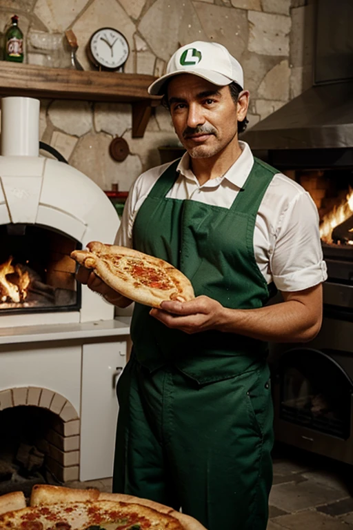 Luigi bross holding a pizza peel and in the background a pizza oven