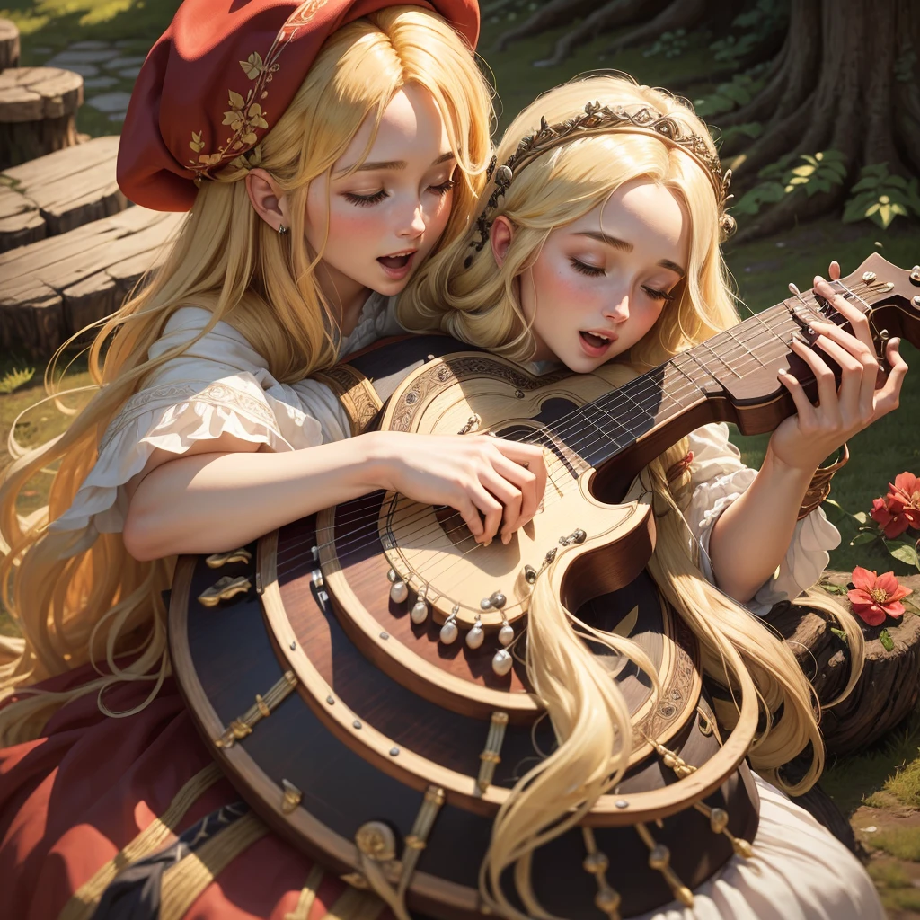 the essence of a beautiful female bard with meticulous attention to detail, this scene portrays a solo enchantress with cascading long hair, an open mouth singing tales of old. Her blonde hair shimmers beneath a charming red hat as she sits gracefully upon a rustic tree stump, fingers gracefully strumming a lute, weaving melodies that stir the soul