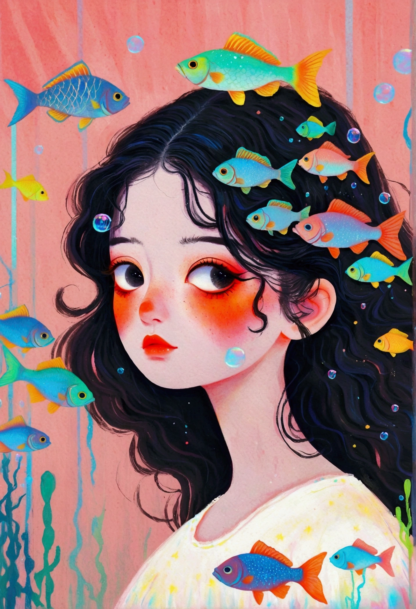 Pastel Art Illustration：A painting of a woman with fish in her hair,Bubbles， Jin Nong&#39;s Surrealism, Winner of the Behance competition, Pop surrealism, Color illustrations, A beautiful artistic illustration, Colorfull illustration, Pop surrealism art style, Digital illustration style, Fantasy illustrations, Illustration Art, Magical surrealism, Digital fantasy illustration, Pop surrealism lowbrow art style,Solid color background