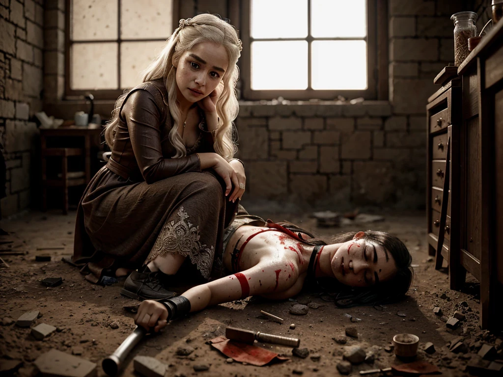 dead bloody body of a warrior, dust, fog, pain, A trickle of blood flows on the ground.