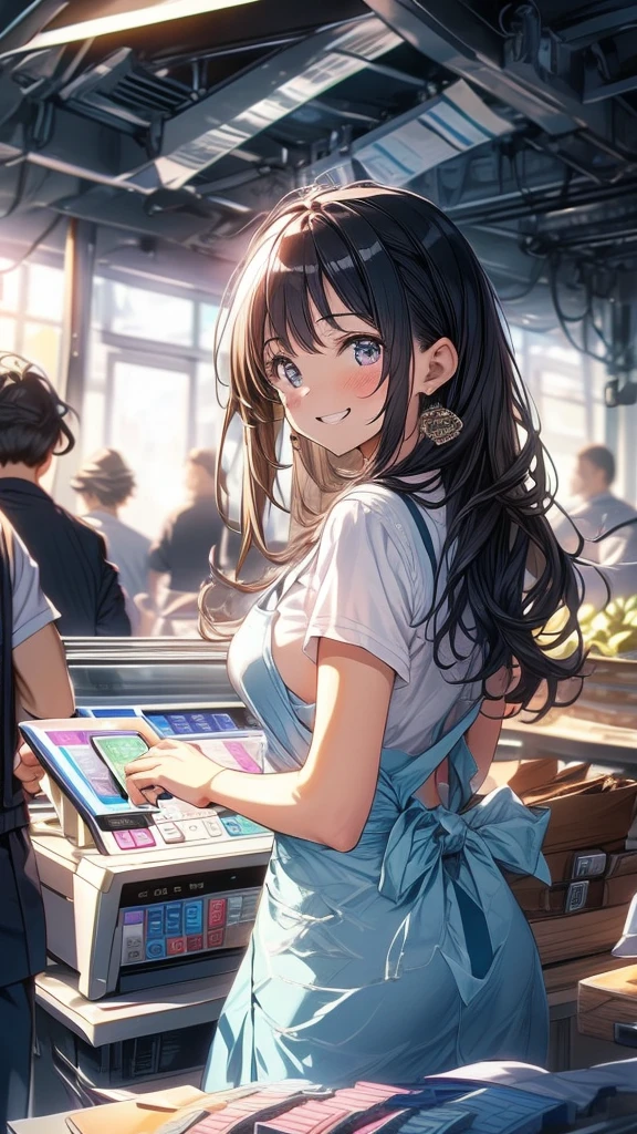 young woman,Facing forward,smile,((Standing inside the cash register)),Touching the cash register machine,Customer Service,((There is a cash register on the table)),(Scanning product barcodes at the cash register)),Supermarket clerk,Wearing an apron,((Working as a cashier)),((Cashier)),((cashier,register,)),((Receive money from customers)),There are products on the shelves,In the supermarket,Bright interior