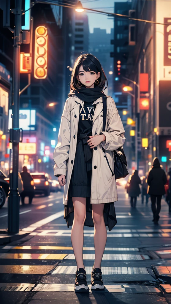 A young woman standing on the street, blur the background, comely, photorrealistic